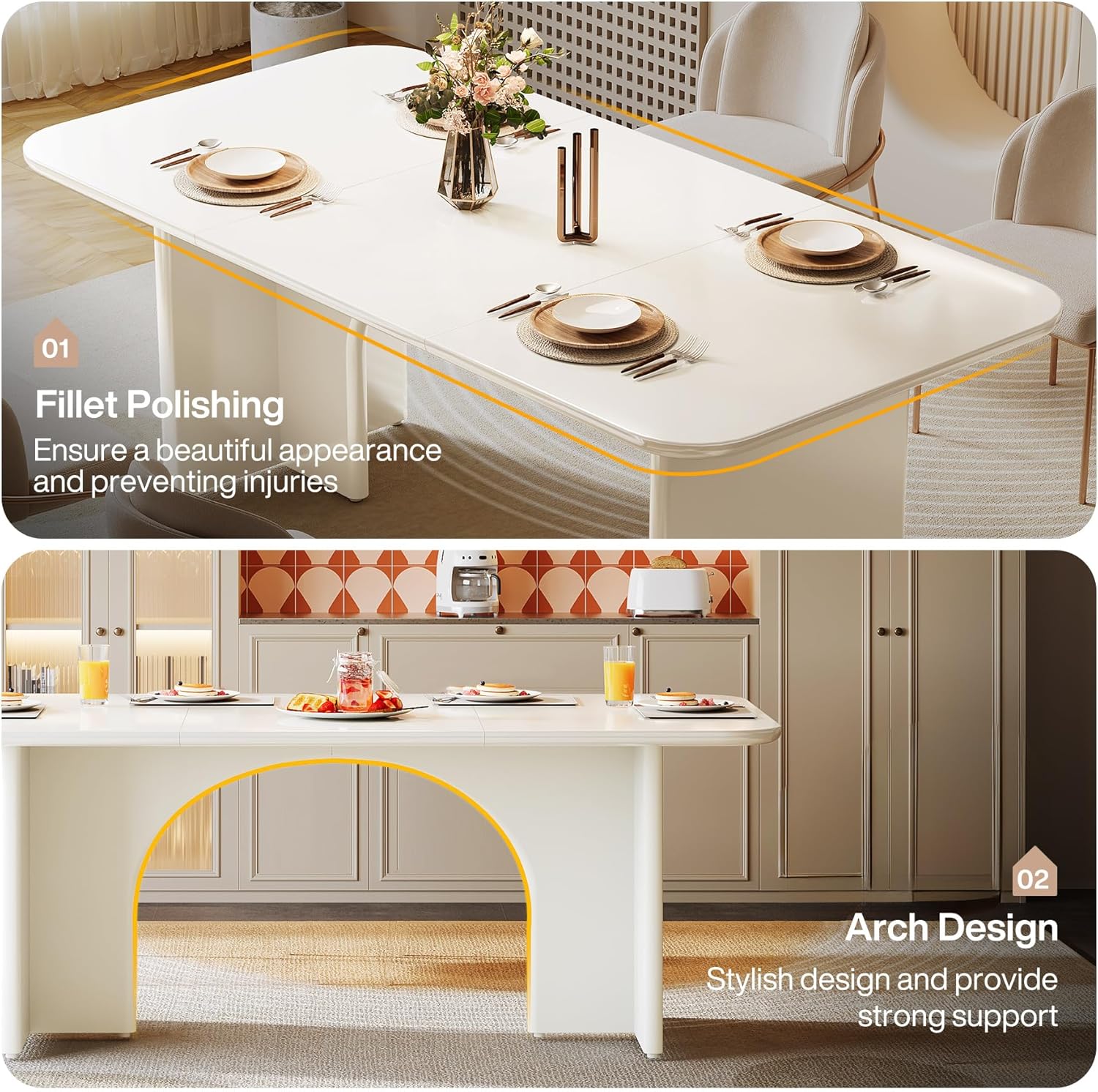 LITTLE TREE Modern White Dining Table for 4-6 People, 63" Large Rectangle Kitchen Table with Arch Design Legs, Dinner Table Kitchen & Dining Room Furniture