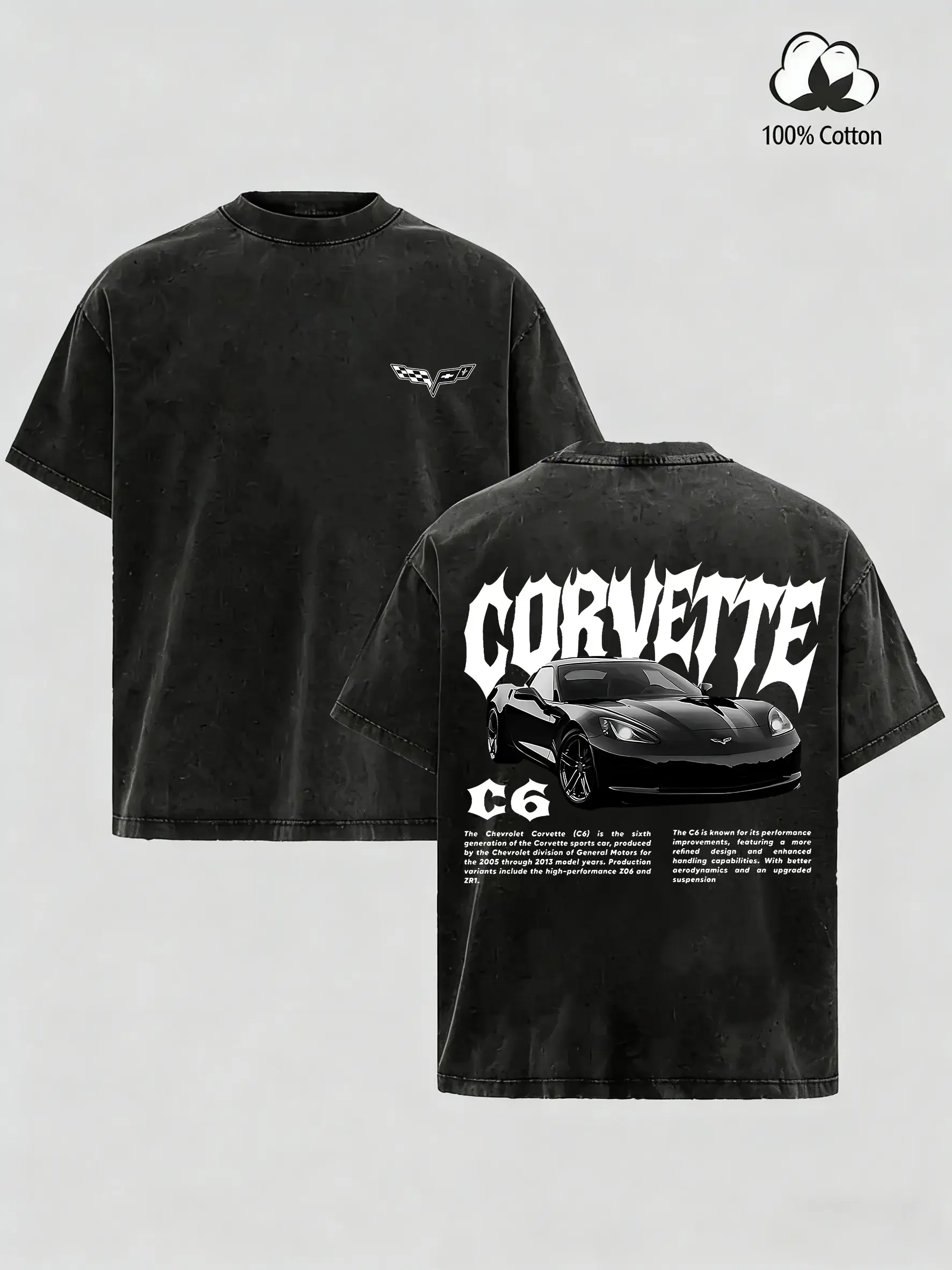 Men's Oversized Graphic T-Shirt - Retro Vintage Washed Corvette C6 Print, Soft Cotton Fabric, Casual Streetwear Tops, Men's Clothing, Gifts for Boyfriend, Good Graphic Tees