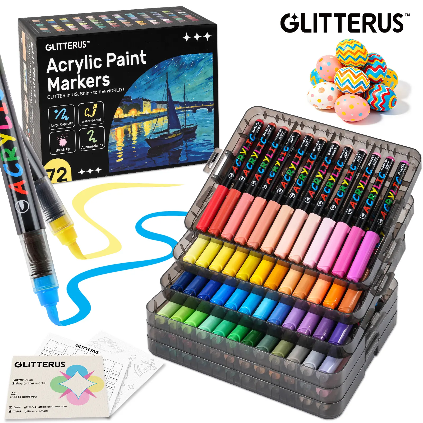 Glitterus Acrylic Paint Markers Set (36/48/72 Colors, Stackable Box) - Automatic Ink Control, Waterproof Flexible Brush Tip, High-Opacity Lightfast Vibrant Art Craft Supplies, Markers for Coloring, Stocking Stuffers for Adults, tiktokshopbacktoschool