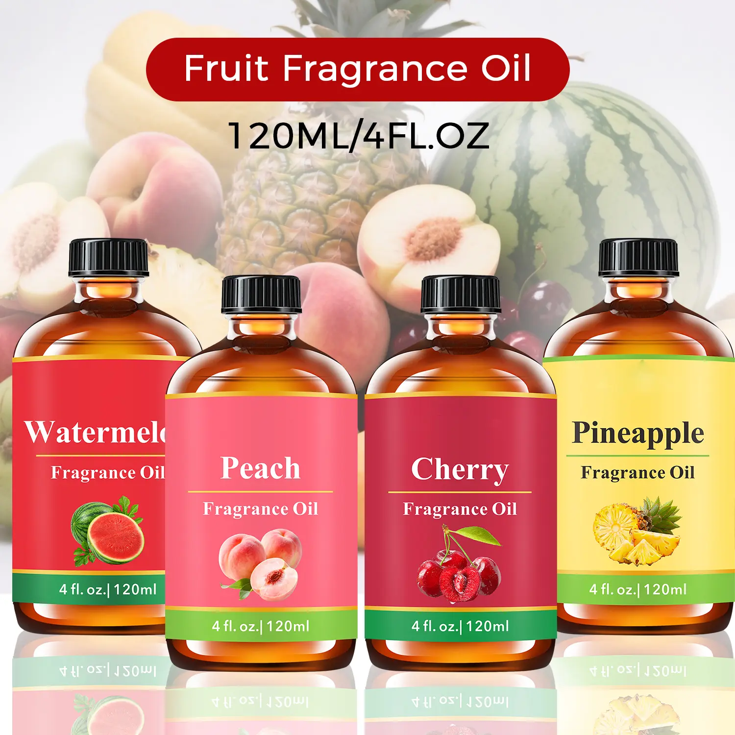 Natural Fruit Essential Oil -Pineapple, Peach, Watermelon & Cherry Sweet Fruity Scents 120ml For Humidifiers, Diffusers, Candles - Massage Body Oil