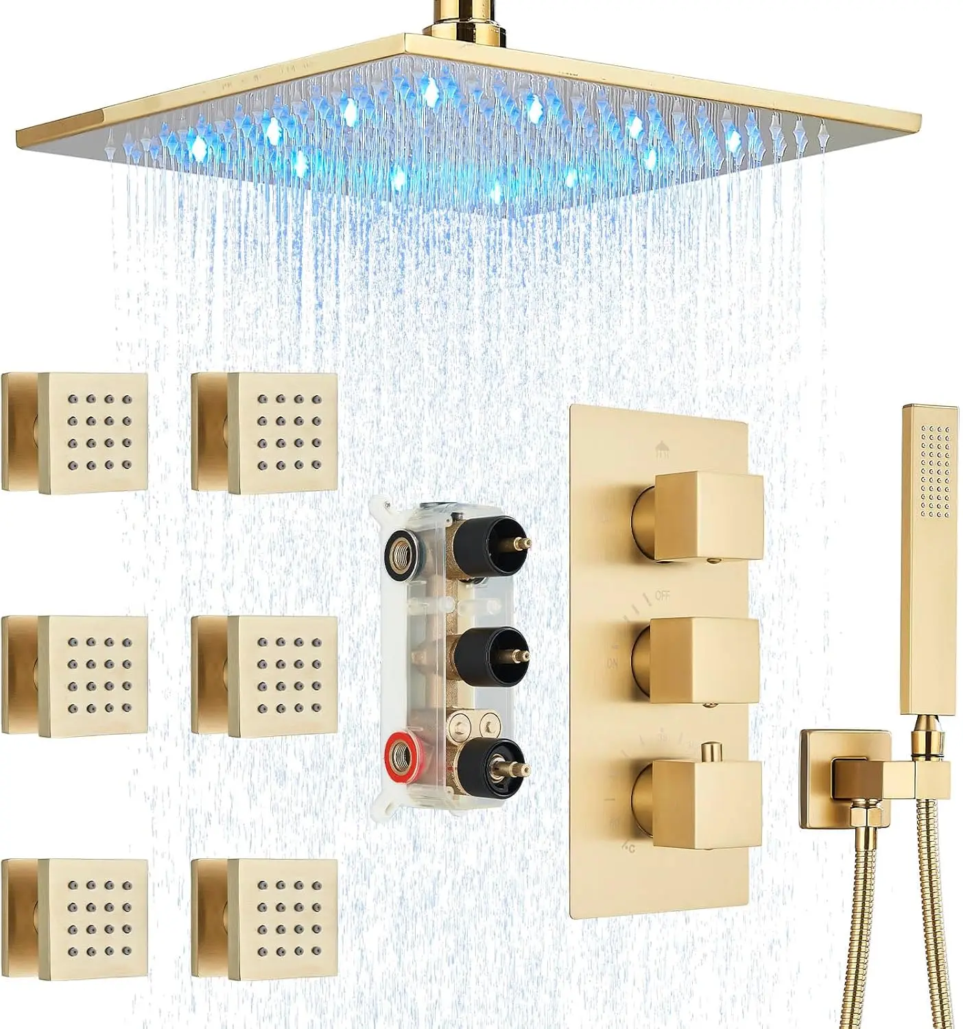 Thermostatic Shower System with Body Jets 12" Ceiling Rainfall Shower Faucet Fixtures Set with Mixer Valve and Handheld Brass Shower Combo Kit for Modern Bathroom， Brushed Gold