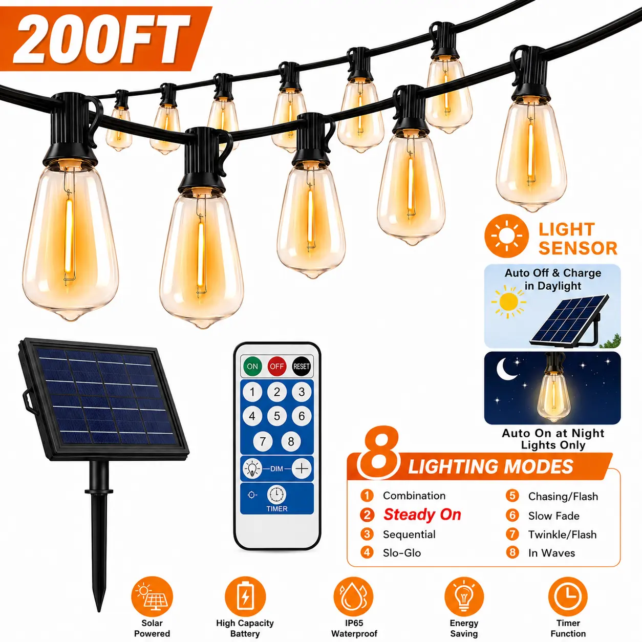 【GLEAM】100FT Solar Adaptive Lighting String Lights, Light Sensor-Activated, IR Remote Adjust Dimmable, Waterproof & Shatterproof, 8 Modes Dusk-to-Dawn, Home Decor for Patio, Ideal for Space Illumination, Solar Outdoor Lights, Patio Decor