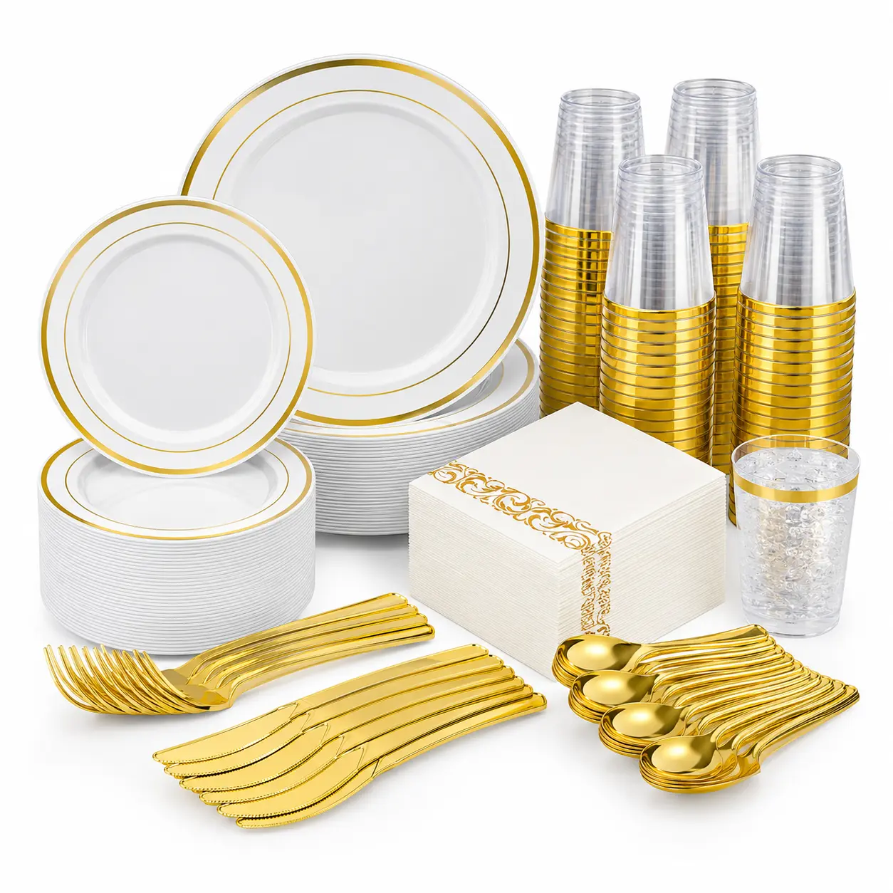 Disposable Dinnerware Set (350/700 PCS) - Gold & Silver Plastic Plates, Cups, Cutlery, Elegant Durable Convenient Kitchen Tableware for Wedding, Party Supplies,home essentials