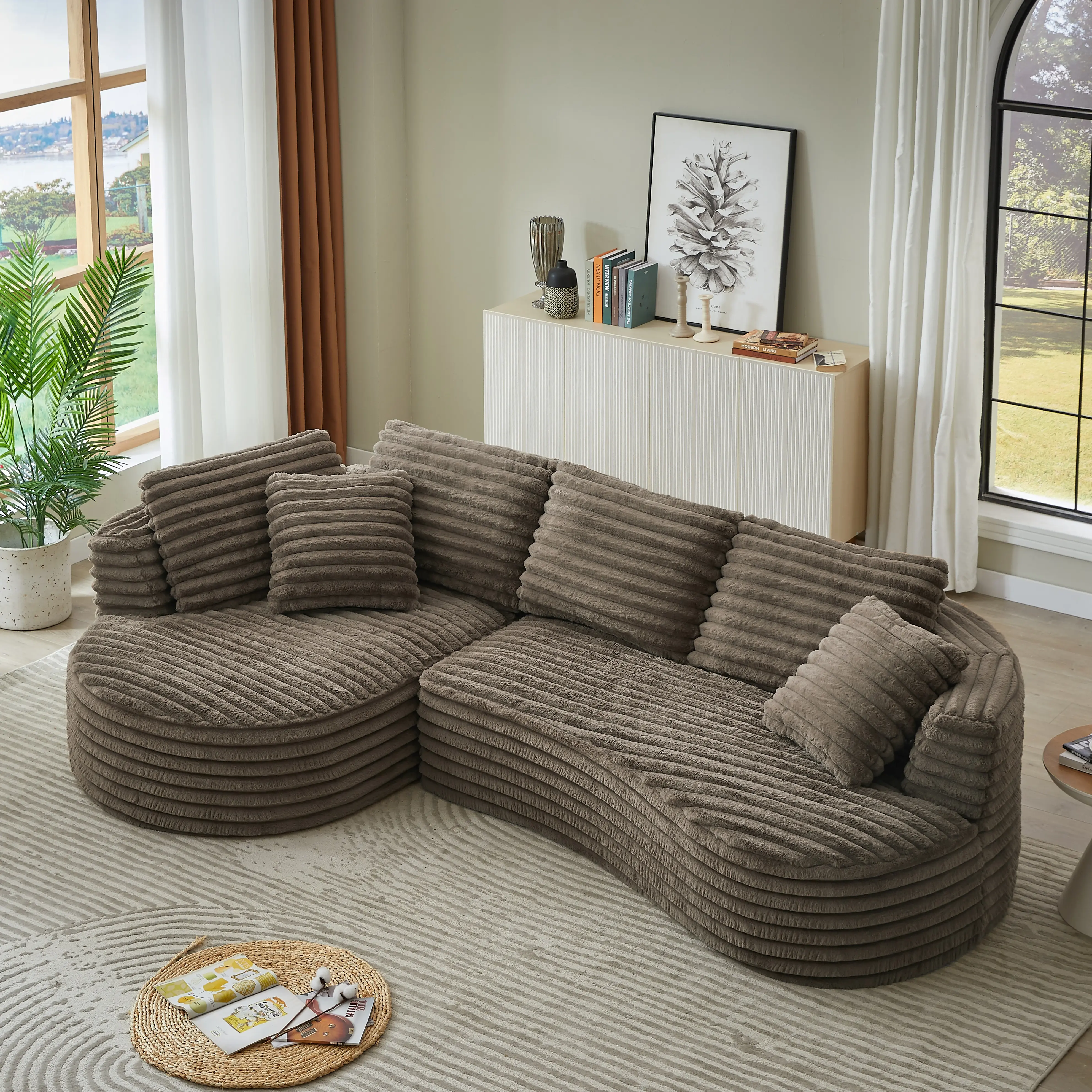 Luxury Curved L-Shape Convertible Sectional Sofa Bed - Sturdy, Comfy Modern Corduroy Oversized Sleeper Couch, Segmented, Tufted, Fully Assembled for Living Room, Office Reception, L Shaped Sofas