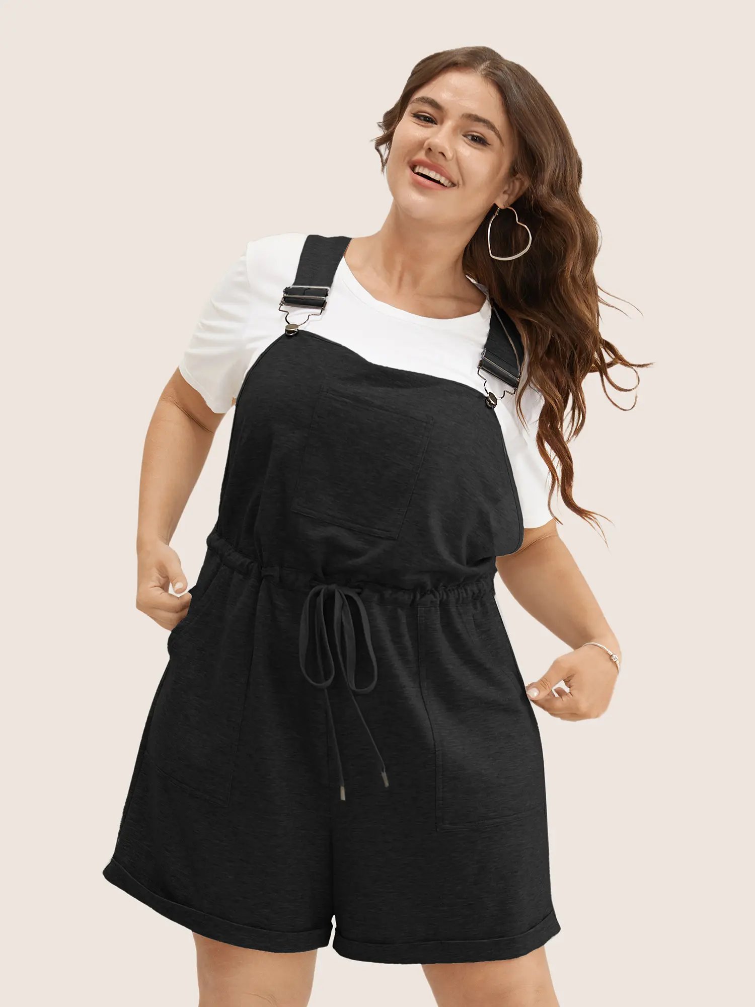 BLOOMCHIC Plus Size Solid Pocket Drawstring Overall Romper [M-6X] plus size tummy control outfit,Fit Basic,Garment Fabric,Summerfinds