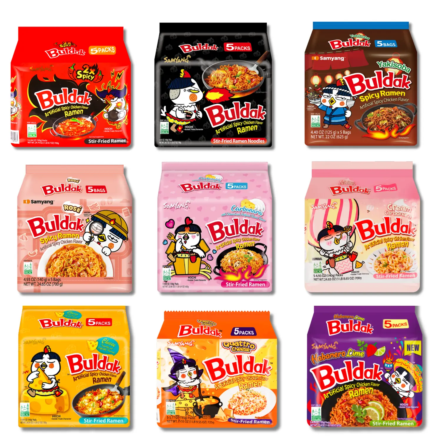 Samyang Buldak Korean Instant Ramen Variety Pack - 5-Pack Assorted Flavors: Carbonara, Hot Chicken, 2x Spicy, Habanero Lime, Yakisoba, Cheesy Blends | Cheesy Ramen, Asian Food Snacks, Pantry Food