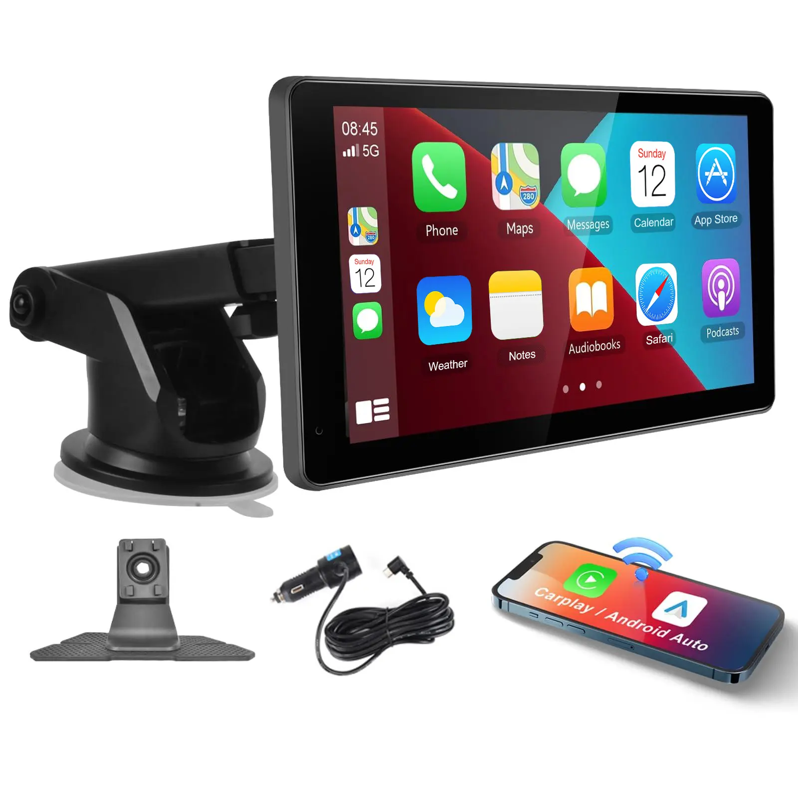 Portable Wireless CarPlay & Android Auto Car Video Player, 7-in High Definition Car Accessory with AirPlay, Android Cast, Dual Bluetooth, AUX/FM, GPS Navigation, Audio Receiver for All Vehicles, Car Accessories