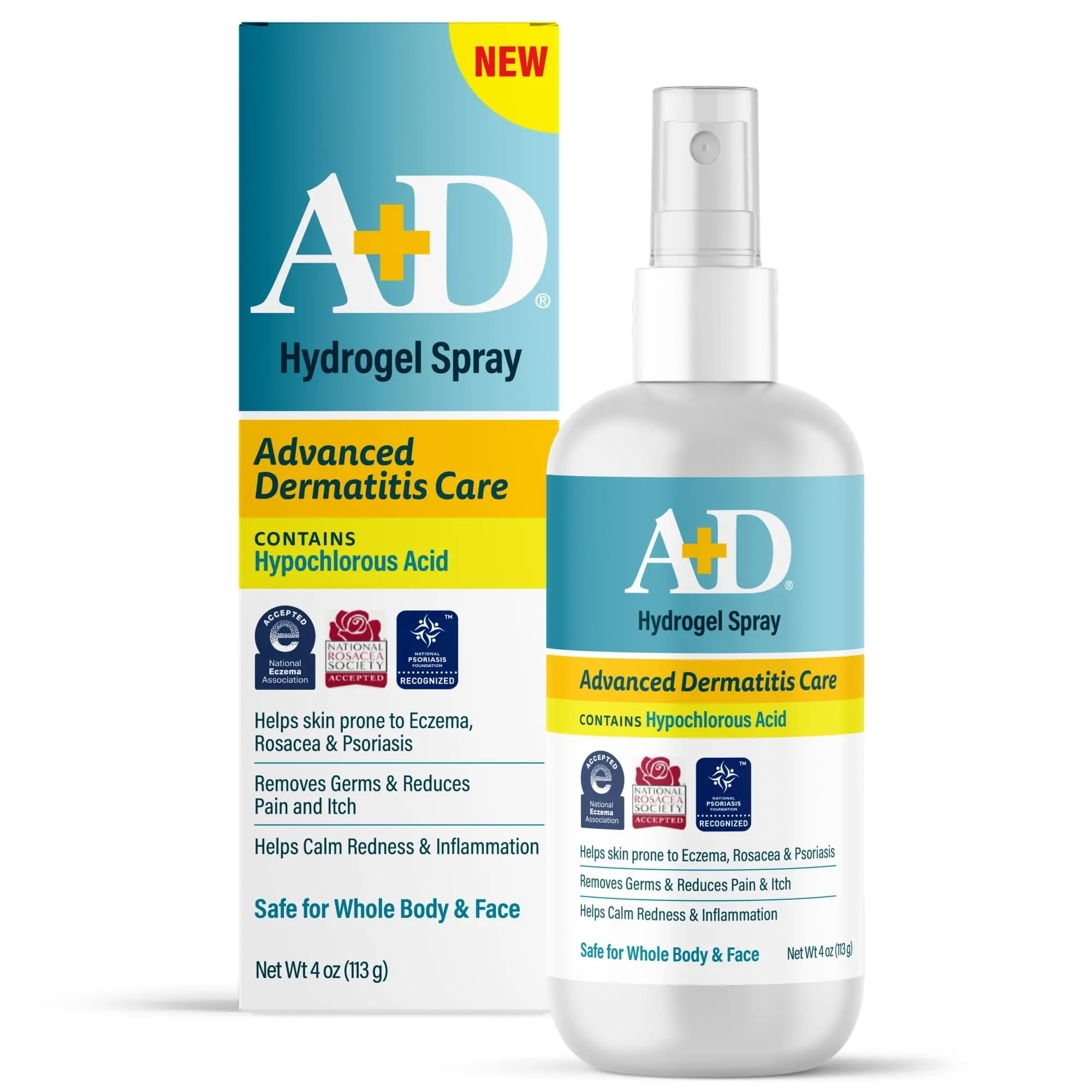 A+D Advanced Dermatitis Care Hydrogel Spray with Hypochlorous Acid 4 oz.– Cooling Antimicrobial Spray for Eczema, Psoriasis & Rosacea-Prone Skin, Reduces Itch, Redness & Inflammation HSA/FSA