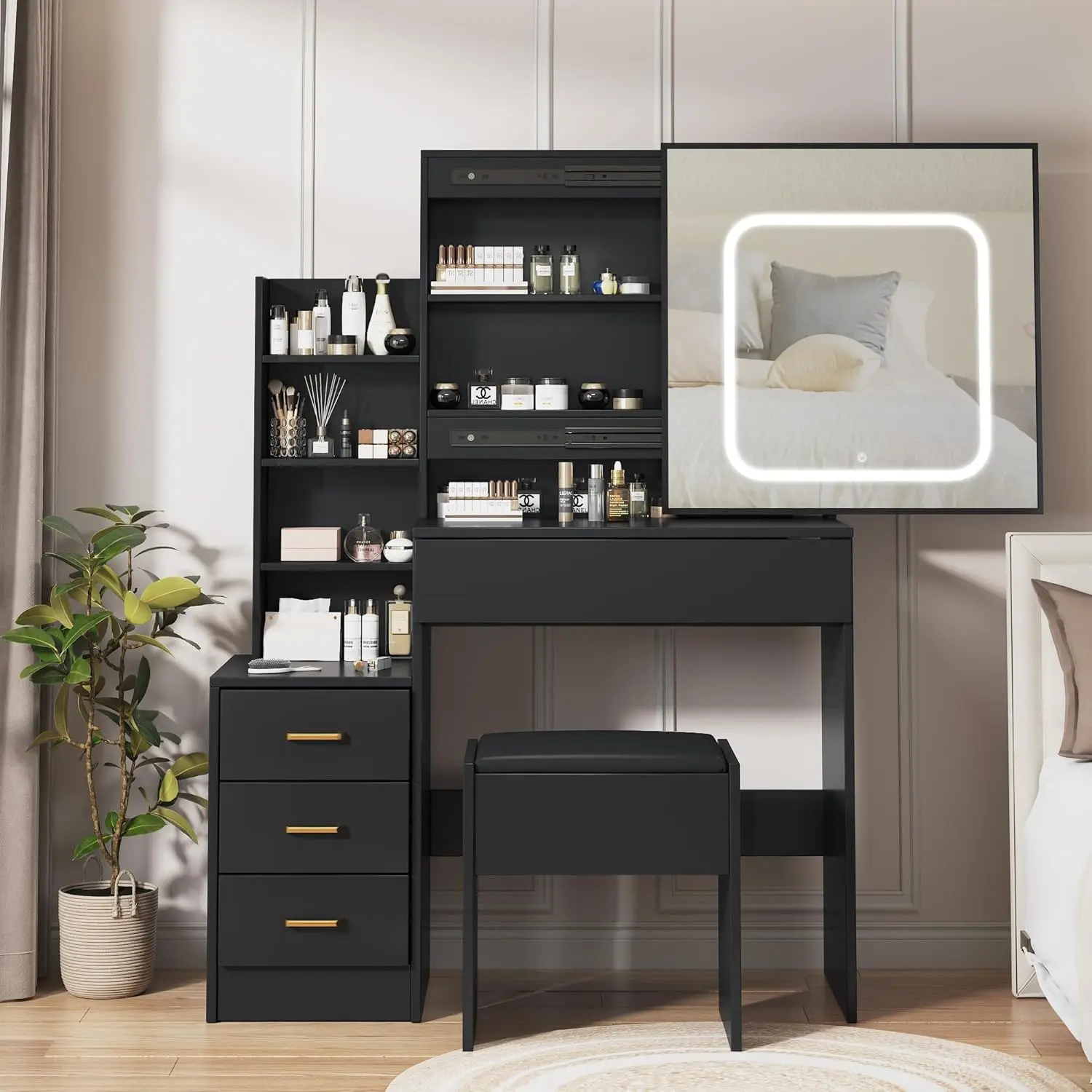 Black Modern Vanity Set - MDF Wood Makeup Desk with LED Lighting, Sliding Mirror, Power Outlet, 3-Color Adjustable Lights, 4 Drawers, Storage Shelves, Stool for Bedroom Storage Organization & Multi-Drawer Vanity Dressing Tables