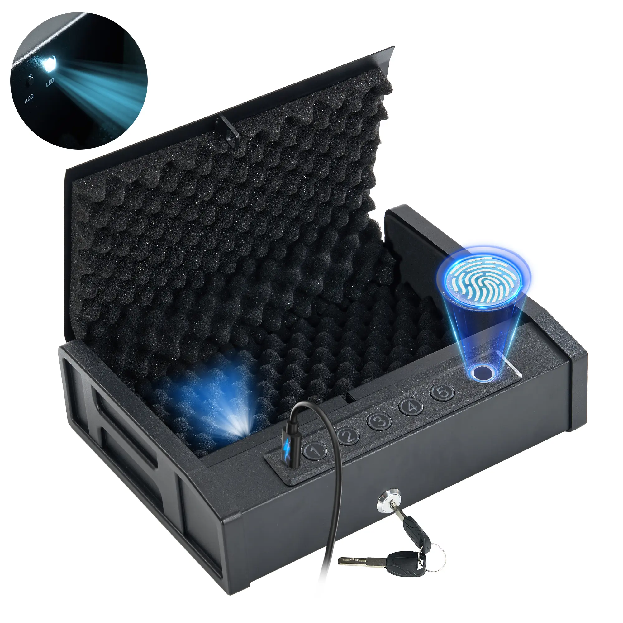 Gun Safe, Quick Access Biometric Pistol Case with 3-Ways Unlock (Fingerprint/Digital PIN/Key), LED Light for Nightstand, Dual Power Supply, Ultra-Lightweight&Portable, Foam-Lined Interior