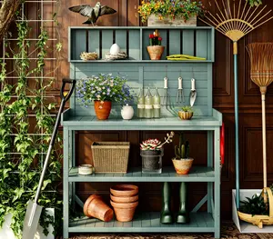 Rustic Farmhouse Wooden Potting Bench - 4-Tier Storage Outdoor Garden Workstation, Outdoor Furniture Shelves