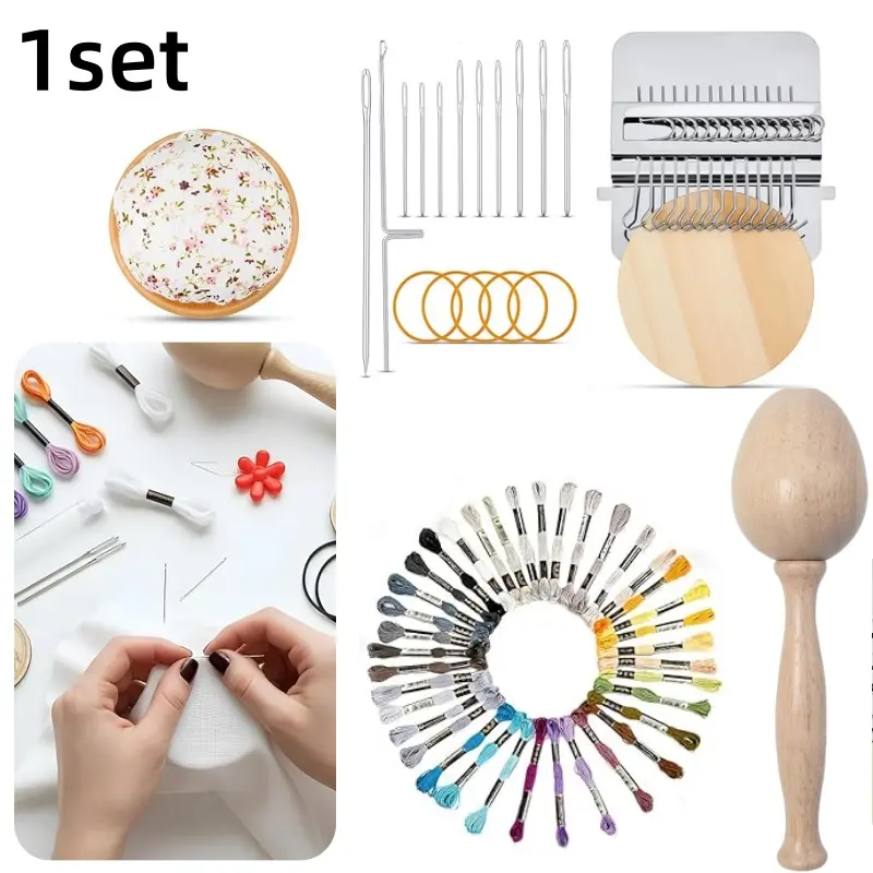 Beginner-Friendly Small Knitting Machine Tool Kit - 1 Complete Set with Loom Board, Large-Eye Needles, Handmade Thread, Diy Crafts Accessories, 1.38 x 2.76in & 2.56in Wood Pin Cushion, Distinctive Patterns Support, Knitting Supplies for Beginners, 1 Set