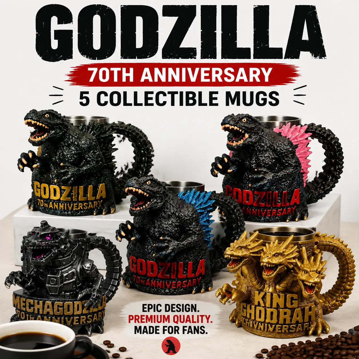 Official Style Godzilla 70th Anniversary 3D Sculpted Beer Mug, 12oz Stainless Steel Inner Kaiju Monster Collectible Stein Cup