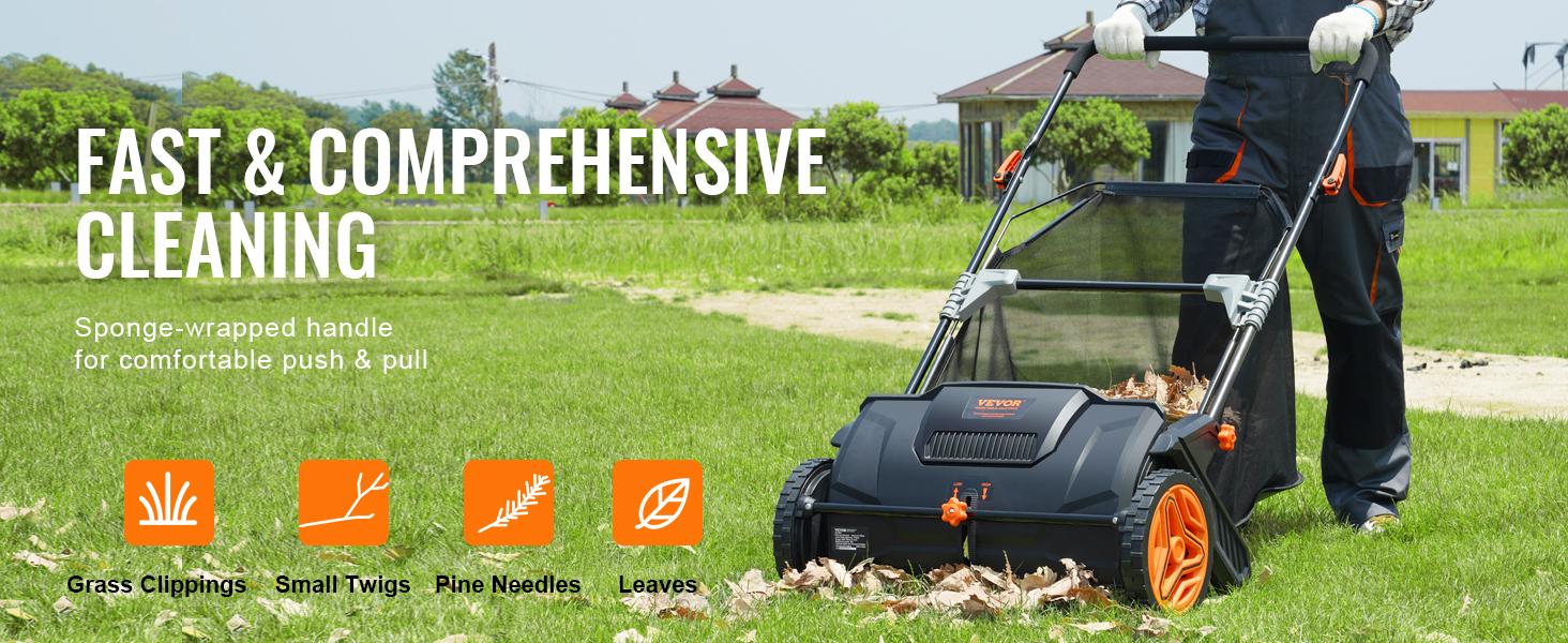 【Summerfinds】VEVOR 21-Inch Push Lawn Sweeper Leaf & Grass Collector Tool, 3.5 cu. ft. Non-Woven Mesh Hopper Bag, 2 Spinning Brushes, Strong Rubber Wheels, Adjustable Handle, Height-Adjustable Design - Ideal for Leaf Cleanup, Hang Wall Storage, Dad Gift, T