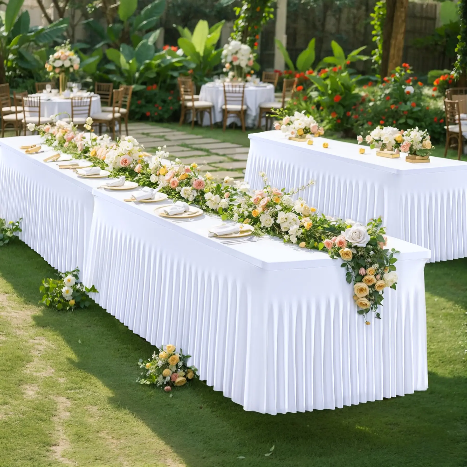 Stretchy Polyester Fitted Tablecloth - 1 Pack Washable Overlay with Wavy Ruffle Look, Quick Setup, Item-Hiding Design, Fits 4/8FT Rectangle & Square Tables, Classic Modern Party Decoration for Weddings, Home Supplies, Overlay Table Cover, Spandex