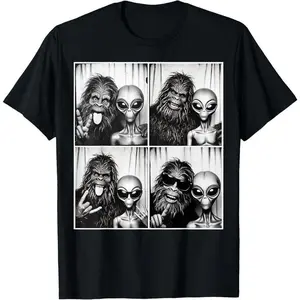 100% Cotton Funny Photobooth Photo Sasquatch UFO Bigfoot And Alien T-Shirt.