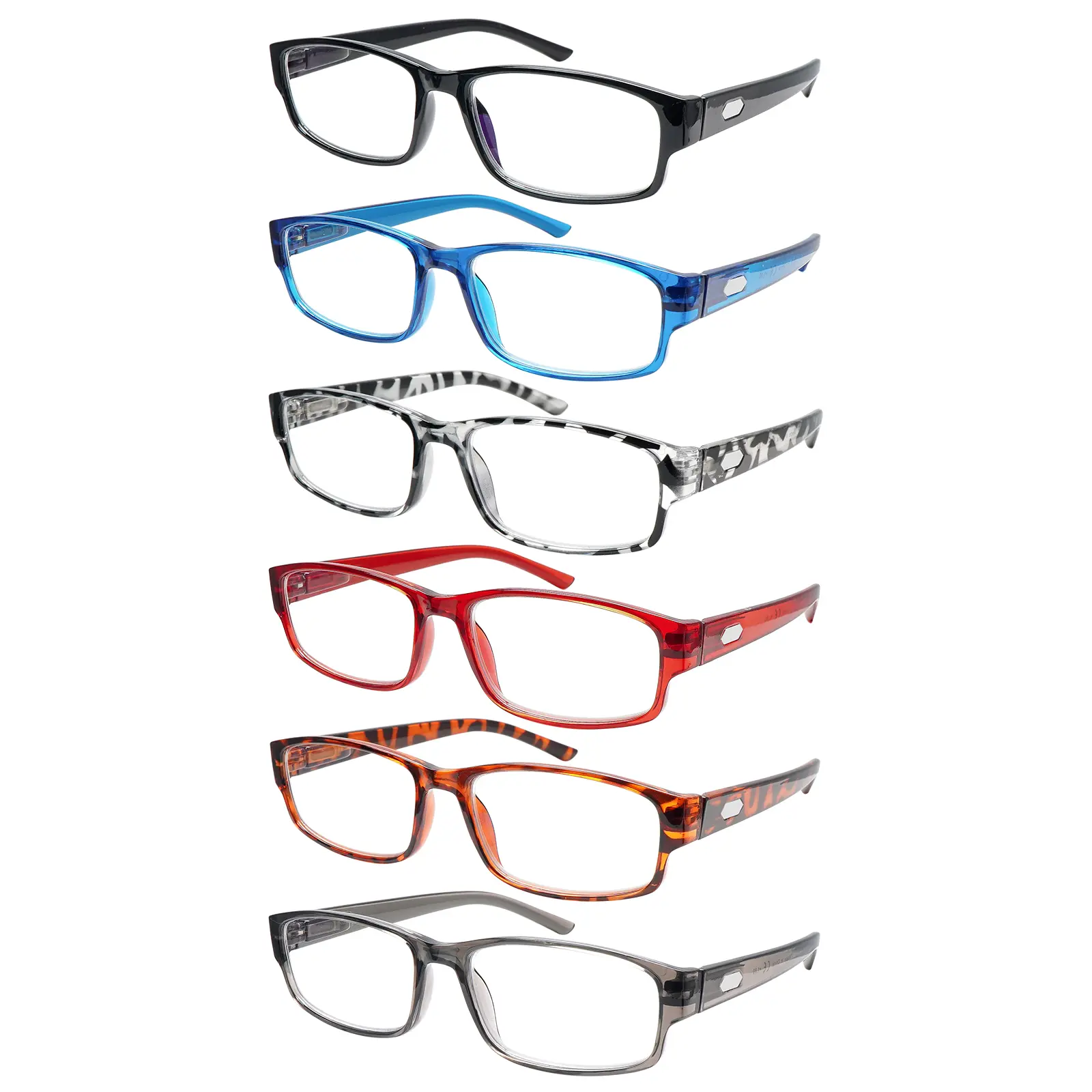 6-Pack Simple, Blue-light-blocking Reading Glasses for Presbyopia, featuring a rectangular full-rim plastic frame and sturdy spring-loaded metal hinges. They help relieve eye strain and make a great gift for holidays or birthdays.
