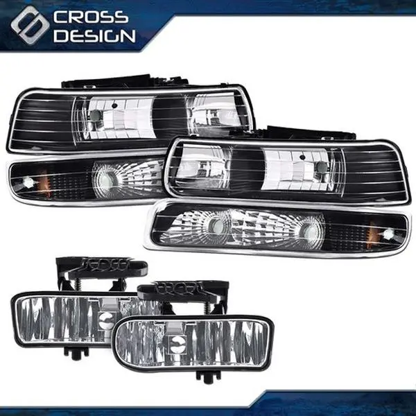 CROSSDESIGN Vehicle Specific Fit Car Exterior Upgrade Headlights, Bumper Lamp, Fog Lights Set - Left & Right, OE Fitment, Easy Install for 00-06 GMC Yukon XL, 99-02 GMC Sierra 1500, Car Lighting