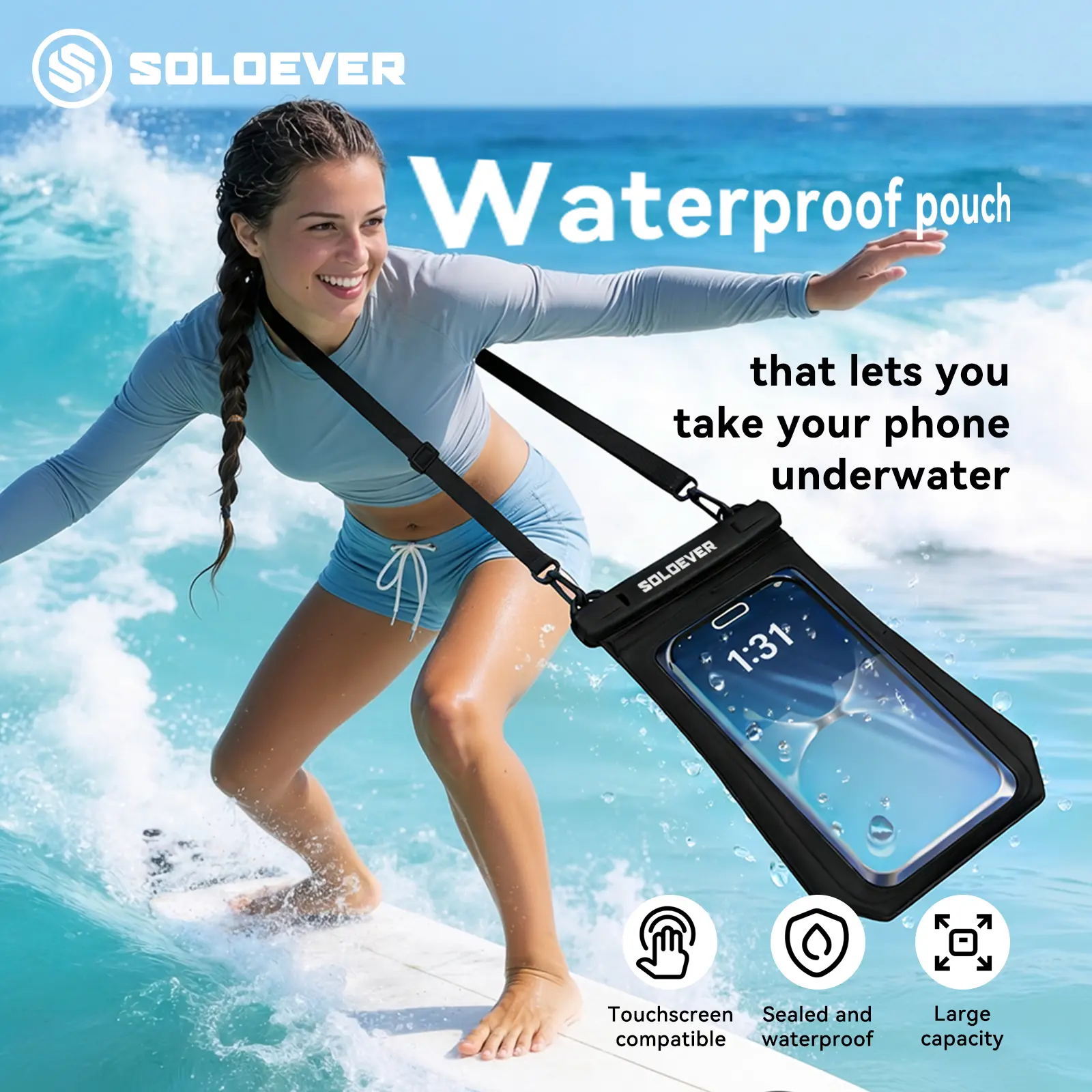 SOLOEVER Waterproof Pouch, IPX8 Floating Dry Bag with Sensitive Touchscreen, Durable Large Capacity Case for Beach, Swimming & Boating, 1 Month