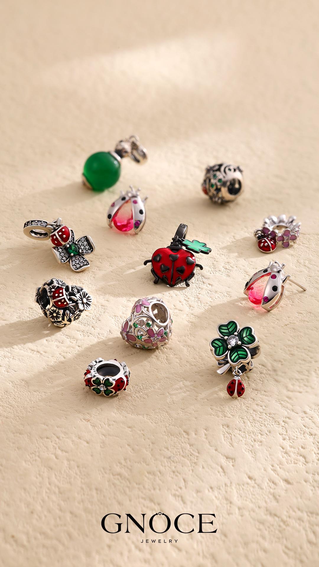 GNOCE Nature-Inspired Charm Beads for Bracelets & Necklaces - Cubic Zirconia, Enamel, Ladybug, Butterfly, Clover Designs, 4.5mm Hole, Sparkling & Elegant Jewelry for Women and Girls