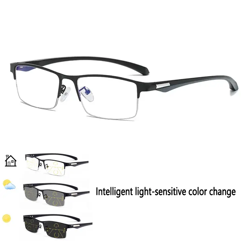 Men’s 1-Pair Smart Zoom Progressive Reading Glasses - Alloy Frame, Auto Light Adjustment, Blue-Light Blocking, Rectangular Semi-Frame, Multifocal Eyewear for Driving Near/Far Use, Drive Near/Far, Pair Pack, Rectangular Shape, Photochromic Glasses, High Qu