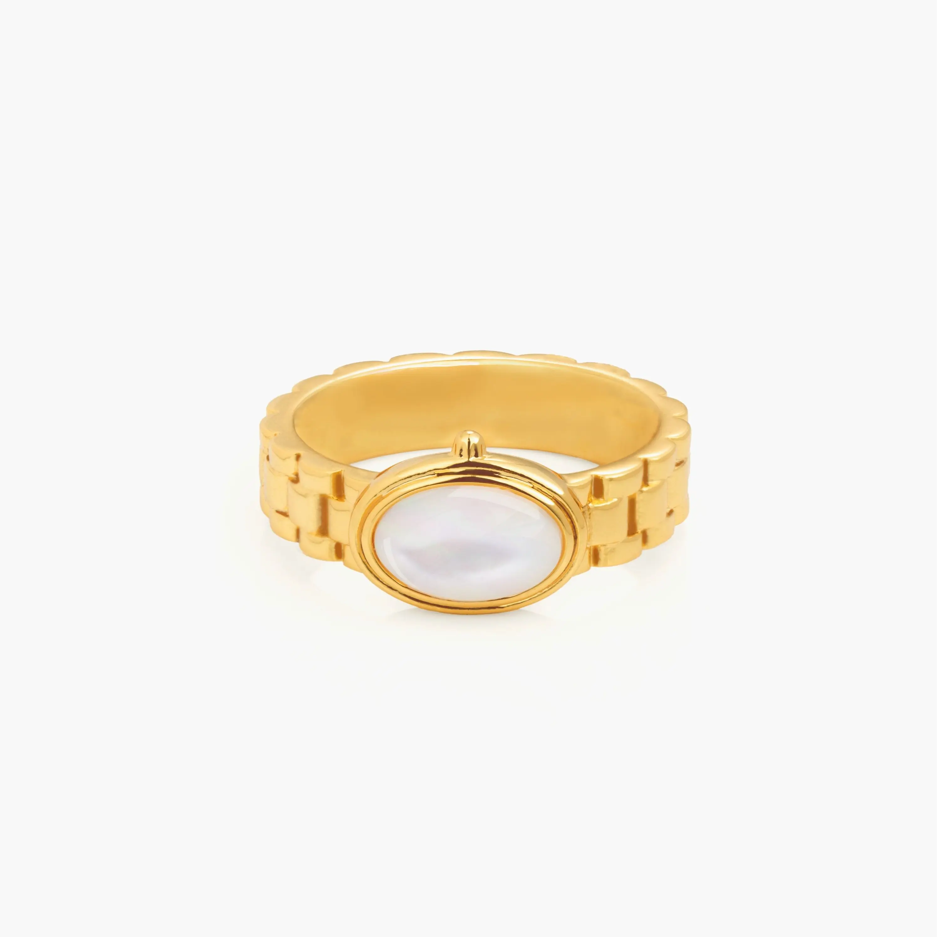 en route 18K Gold Plated Watch Band Ring in Gold, Sleek Watch-Link Band Design Featuring Lustrous Mother of Pearl Inlay, Modern Statement Jewelry for Everyday Wear, Perfect for Layering or Solo Styling with Effortless Chic