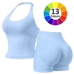 RICH BRIA Women's Solid Color Halter Top & High Waist Shorts Sports Set, Sporty Breathable Quick Drying Outfits for Yoga Gym Fitness Running, Ladies Sportswear for Summer, Workout Clothes, Workout Gym Clothing, Athletic Sports Clothing, Athleisure Wear