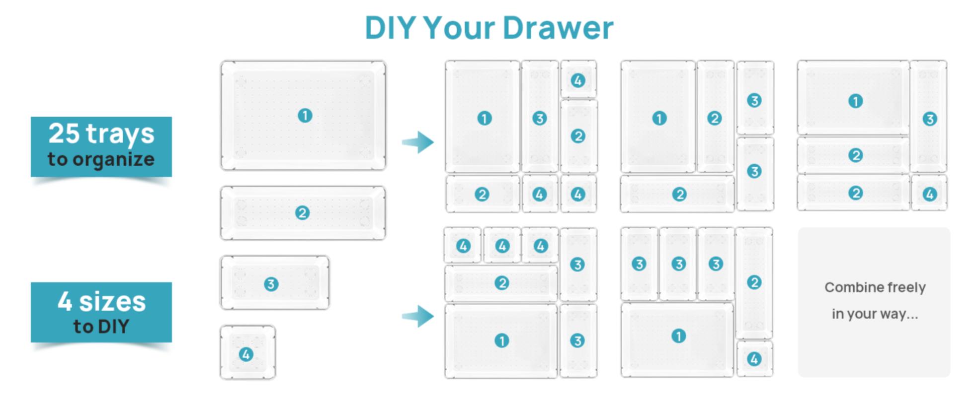 25PCS Clear Plastic Drawer Organizer Set 4 Sizes Desk Dividers Storage Bins for Makeup Jewelry Gadgets Kitchen Bedroom Bathroom Office Organization Home Decor with Divided Compartments Adjustable Transparent Boxes