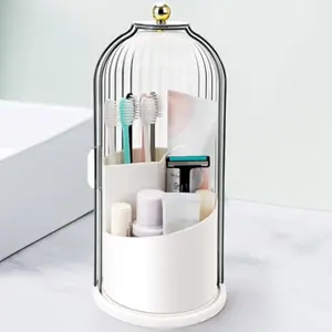 Dustproof Toothbrush Holder with Cover, Storage Basket Organizers with Transparent Door Lid, 360 Rotating Clearance Makeup for Vanity Bathroom, Desktop Countertop Storage, Make up Container Spinning Brush Holder Boxes, Valentine's Day Gifts