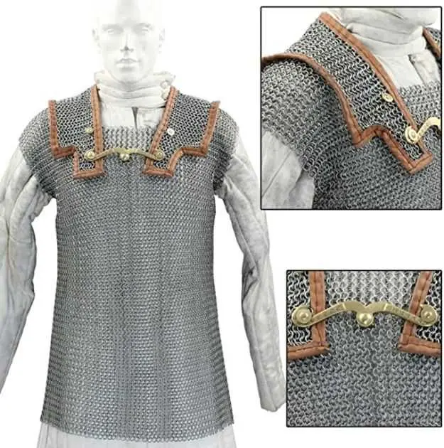Medieval Warrior Men's Chainmail Armor, Roman Lorica Hamata Butted Steel Ring Top, Long Sleeve Costume for Renaissance & Cosplay, Menswear, School, Plate