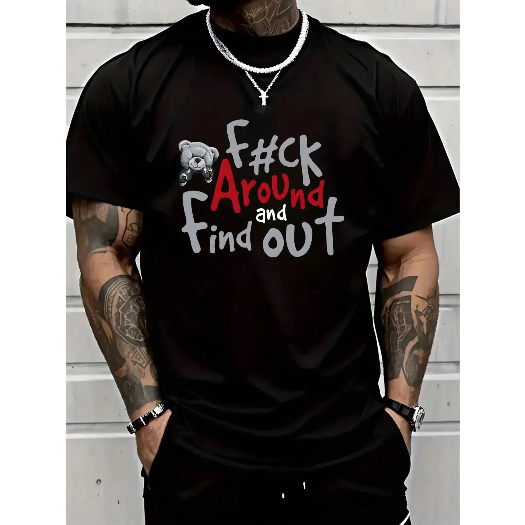 Men's Casual  T-Shirt with Boxer Bear Graphic - "FK AROUND AND FIND OUT" Print, Black, Short Sleeve, Round Neck, Machine Washable, All-Season Comfort