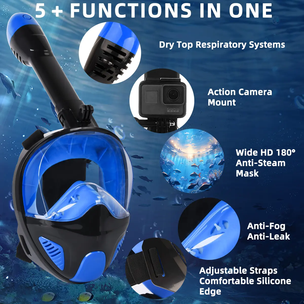 JRing Adult & Youth Full-Face Diving Mask, Leak-Free Comfortable Silicone Edge Diving Gear with 180° Panoramic Wide HD Anti-Steam Fog-Free View, Action Camera Mount & Adjustable Straps