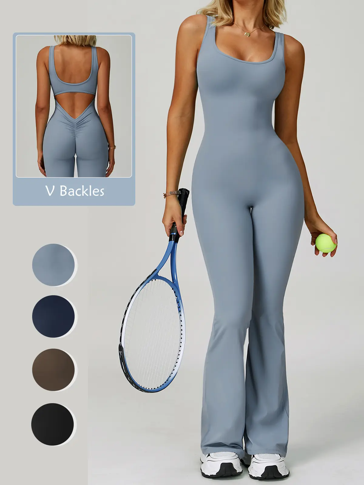 RIOJOY Women's Workout Jumpsuit Scrunch Leggings V Back Solid Backless Sleeveless Bodysuit Flare Leg Yoga Gym Ladies Romper Removable Built-In Padding Sportswear for All Seasons