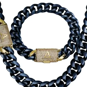 Gift Box — 26 English alphabet letter caps with rhinestone clasp, new blue‑gold Cuban‑link chain bracelet or necklace, single strand