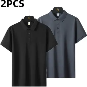 Two solid-color men’s polo shirts with a turn-down collar, featuring a business-casual style. The classic turn-down design is sleek and well-structured, with refined button detailing at the placket. Short sleeves offer a versatile fit for multiple seasons