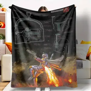 Soft Funny Throw Blanket Boba Flannel Blanket Mandalorian Warrior Blueprint Art UltraSoft & Warm Lightweight & Cozy Perfect for Movie Nights Scifi Enthusiasts Gaming Room Travel Companion Birthday Gift Holiday Present Outer Space Theme Decor.