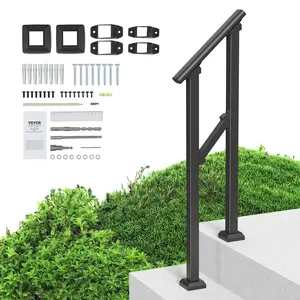 VEVOR Handrails for Outdoor Steps,  1-2 Step Stair Hand Rail Kit, Transitional Carbon Steel Railings with Installation Kit, Stair Rails for Seniors, Concrete Steps & Porch & Deck, Black Square Tube