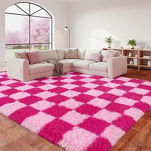 【10 Orders Daily Limit】QULINT Fluffy Checkered Shag Area Rug for Bedroom Living Room, Modern Geometric Grid Plush Carpet with Upgrade Non-Slip Backing, Ultra Soft High Pile Fuzzy Floor Rug for Home Decor, Cozy SilkTouch Rug for Apartment Dorm Nursery Room
