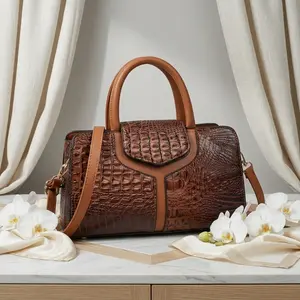 Women Crocodile Embossed Satchel Handbag Beige Top Handle Purse with Detachable Shoulder Strap Faux Leather Structured Tote Bag