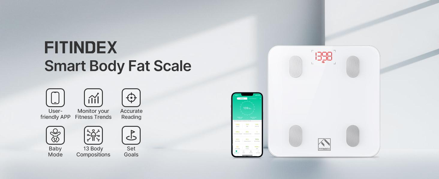 FITINDEX Smart Scale for Body Fat, 400lbs Digital Bathroom Scale with Body Composition Analyzer, Bluetooth APP Sync Fitness Trackers