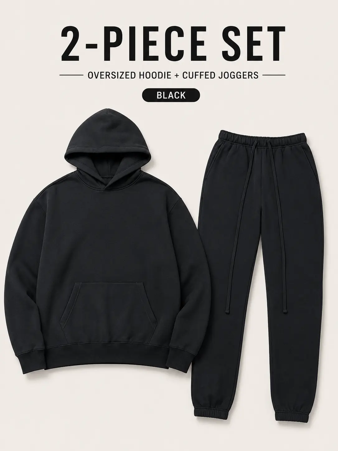 Men's 2022 Black Designer-Dupe 2-Piece Sporty Chic Hoodie & Sweatpants Set - Oversized Hoodie, Cuffed Relaxed-Cut Jogger, Drawstring Waist, Sporty Casual Outfit