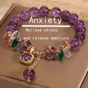 Crystals / a Purple Natural Bracelet for Anxiety, Adorned with Cube Decorations - Stylish Jewelry in Purple And Golden Tones
