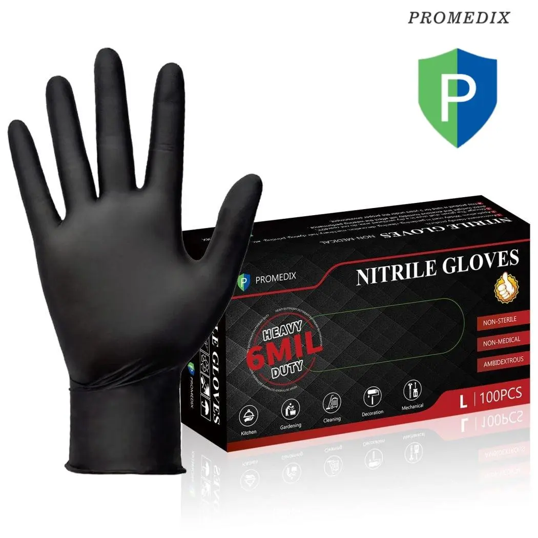PROMEDIX P Black Disposable Nitrile Gloves, 6Mil 100 Pcs Food Safe Cooking Gloves Latex Free Gloves for Cleaning Exam