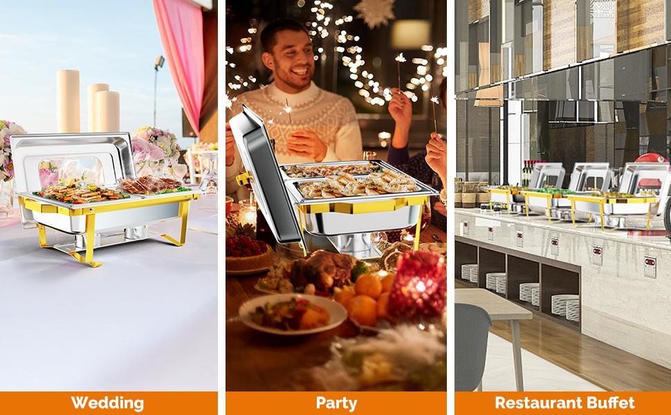 ROVSUN Chafing Dishes for Buffet 4 Pack, 9QT Chafing Dish with Multiple Food Pans Combo,Stainless Steel Buffet Servers and Warmers with Glass Lid & Folding Frame for Parties Weddings, Gold & Silver SpringStatements ROVSUN Chafing Dishes for Buffet 4 Pack, 9QT Chafing Dish with Multiple Food Pans Combo,Stainless Steel Buffet Servers and Warmers with Glass Lid & Folding Frame for Parties Weddings, Gold & Silver SpringStatements