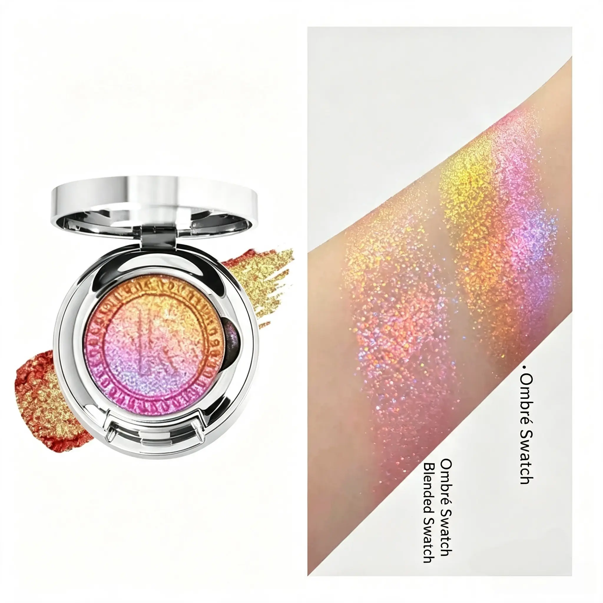 single multi-chrome eyeshadows, sparkly shimmer glitter eyeshadow, iridescent shimmer, talc free, holographic ,color-shifting, metallic iridescent shimmer shadow duochrome