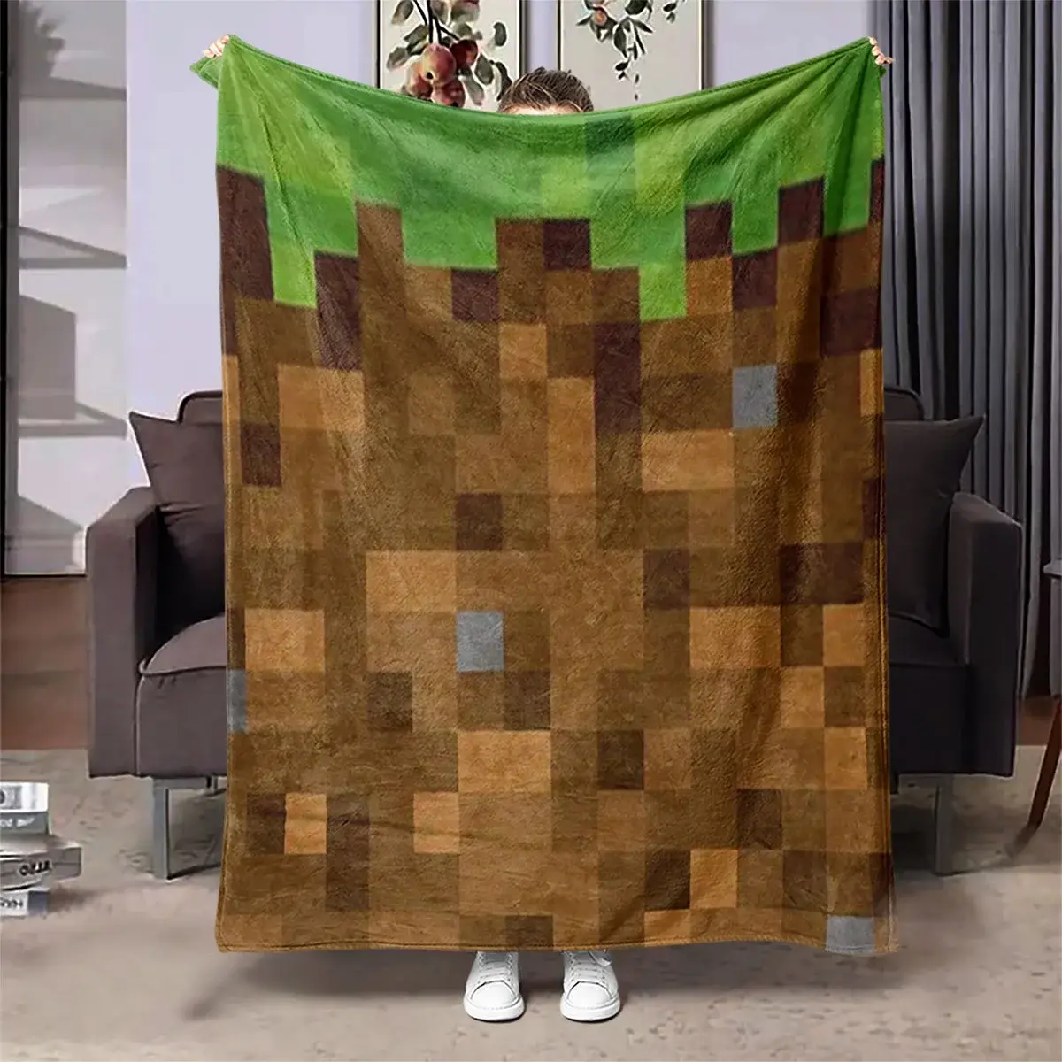 Pixel nostalgic grass block velvet blanket | Pixel elements of the gaming space, creation of festive atmosphere