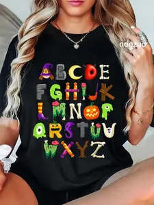 100%25 Cotton Unisex ABCs Learning Kindergarten Teacher Funny Halloween Alphabet T-Shirt