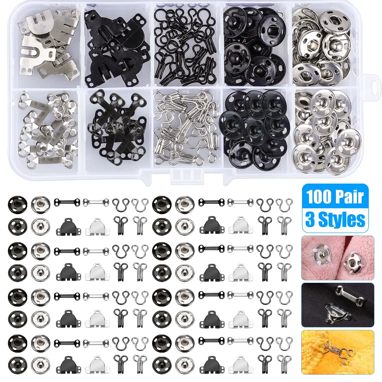 100-Pair Sewing Hooks and Eye Closure Set - 3 Styles Pants Hooks, Eye Latch Sewing Snaps, Clothing Fixing Tool with Hammer-Free Use, Organized in Box for DIY Craft, Organize In Box