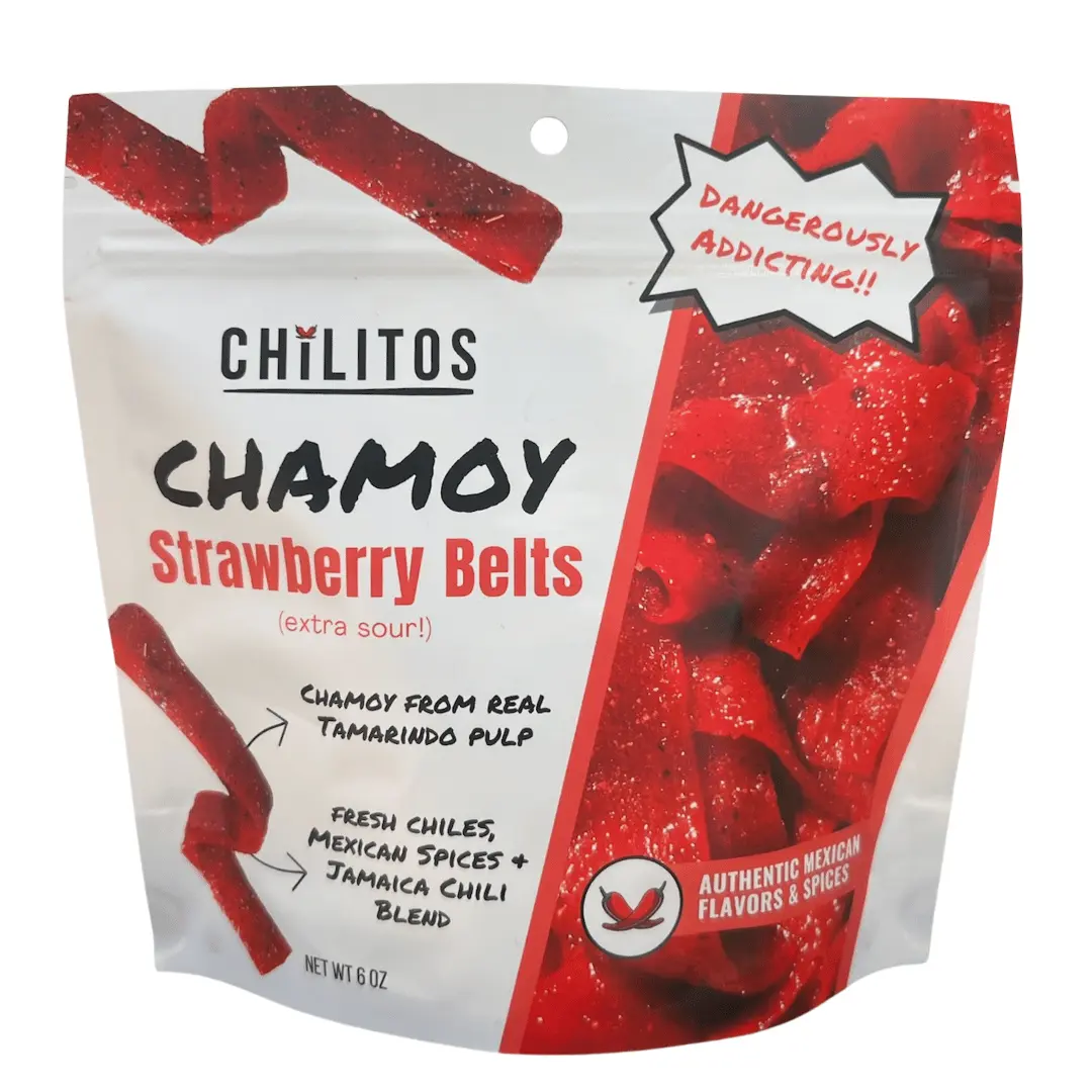 Strawberry Sour Belts Chamoy Candy - Chilitos Sweet, Sour & Spicy Chili Snack - Mexican Fruit Flavored Gummy Candy for All Ages, Authentic Dulces Mexicanos Enchilados, 6oz Candy Bags with Tamarindo Pulp Chamoy
