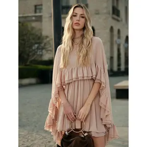 Semi-Sheer Chiffon Ruffle Dress With Outer Cape Long Sleeve Casual Wear